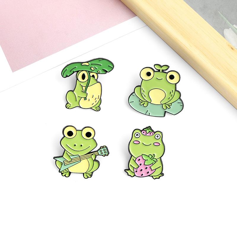 Frog Cute Unique Playing Music Brooch Beautiful Strawberry Accented Pin Alloy