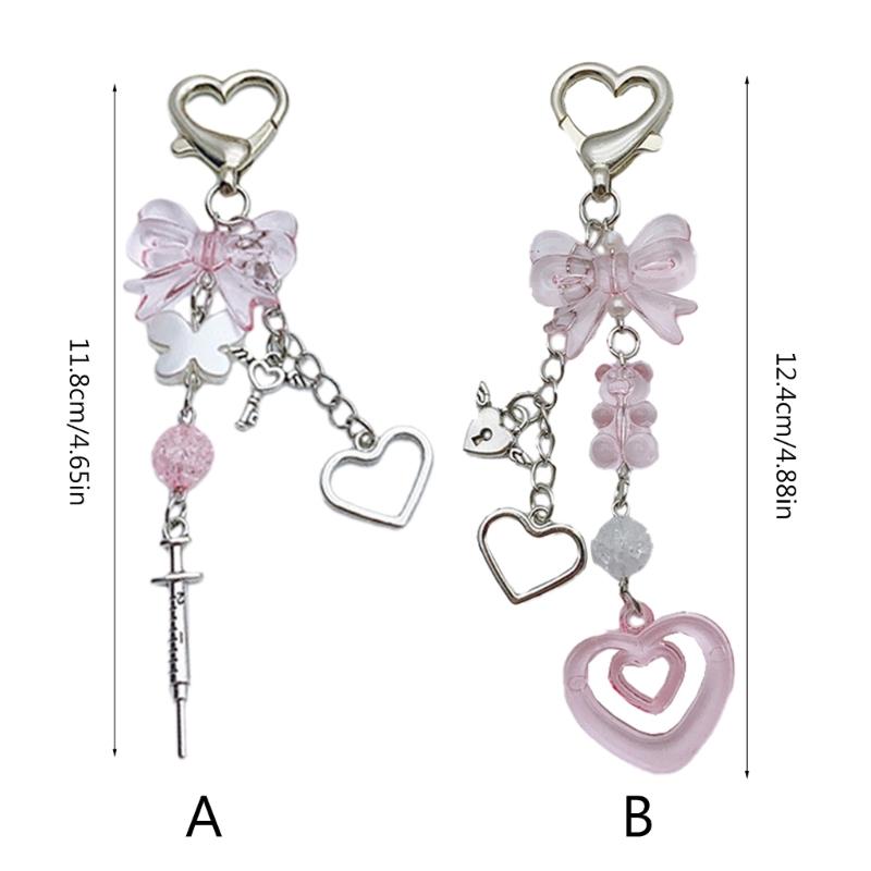 Elegant Bowknot Bead Heart Keyring Pendant Keychain Accessory Charm for Women