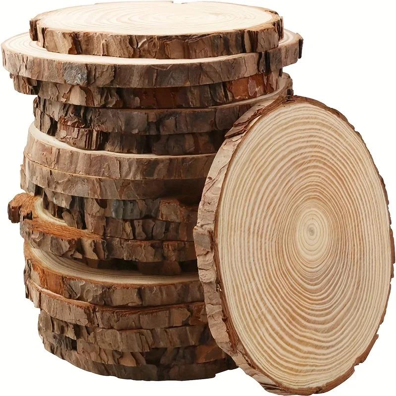 10Pcs 12-14CM Natural Pine Round Unfinished Wood Slices Circles With Tree Bark Log Discs DIY Crafts Wedding Party Painting