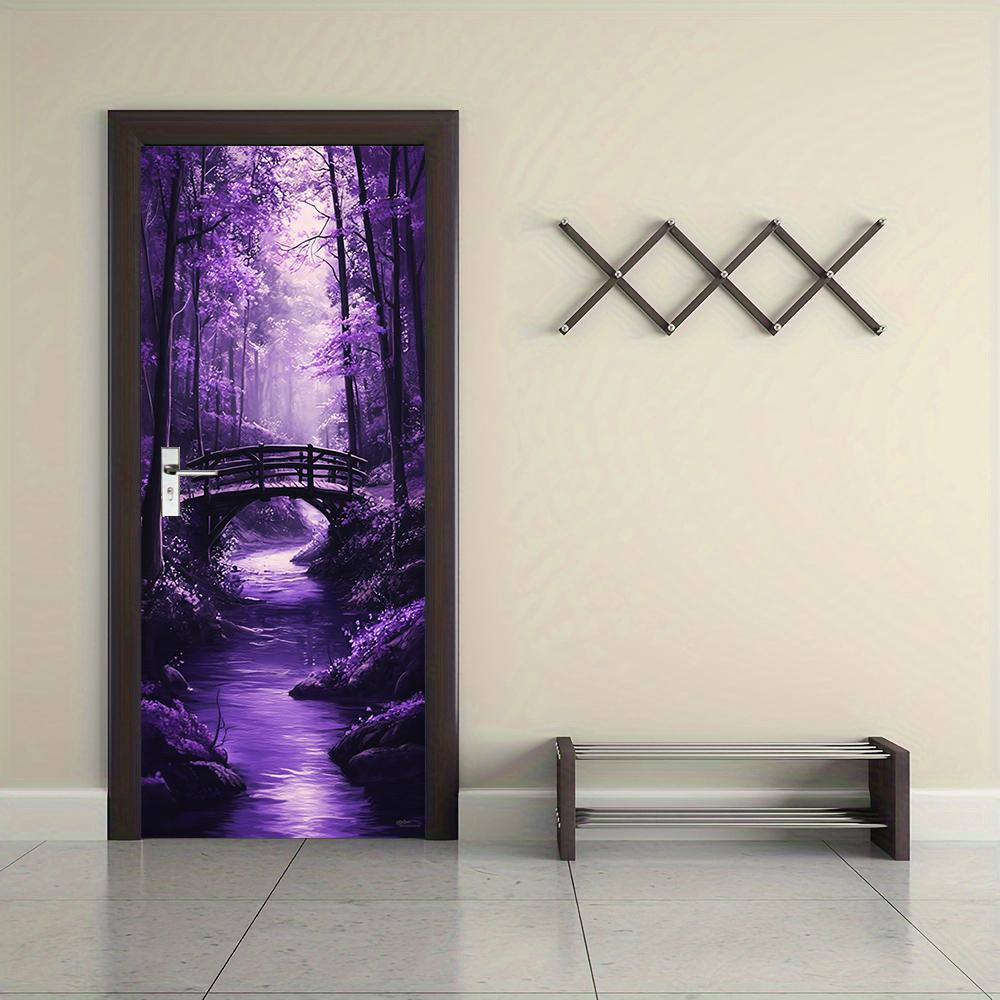 1pcs Self Adhesive Removable Vinyl Door Stickers Dreamy Purple Forest Bridge View Door Stickers Beautiful Moonlight Stream Entra