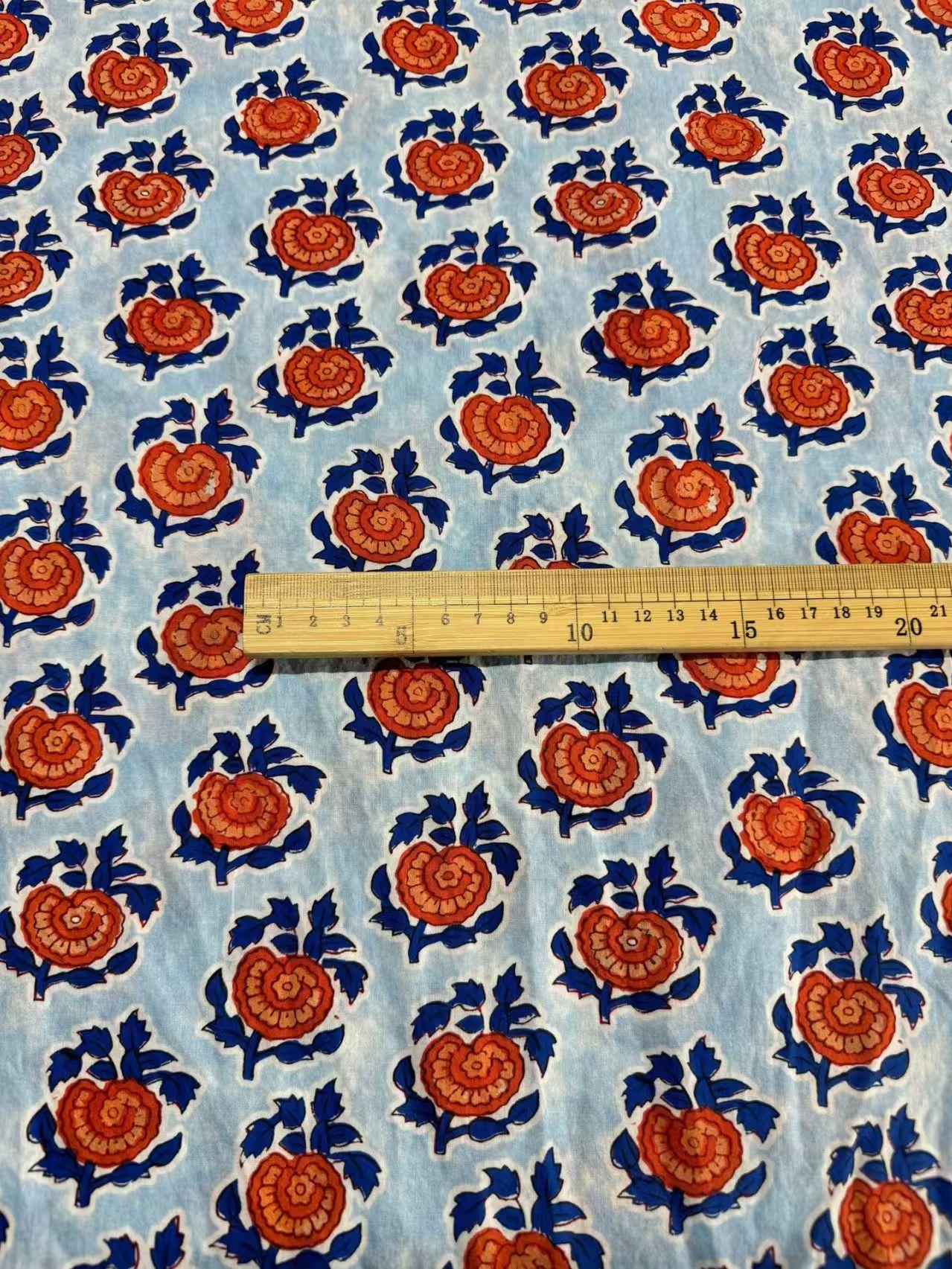 Color Print Block Printed Cotton Fabric Light Weight for Summer Pajamas