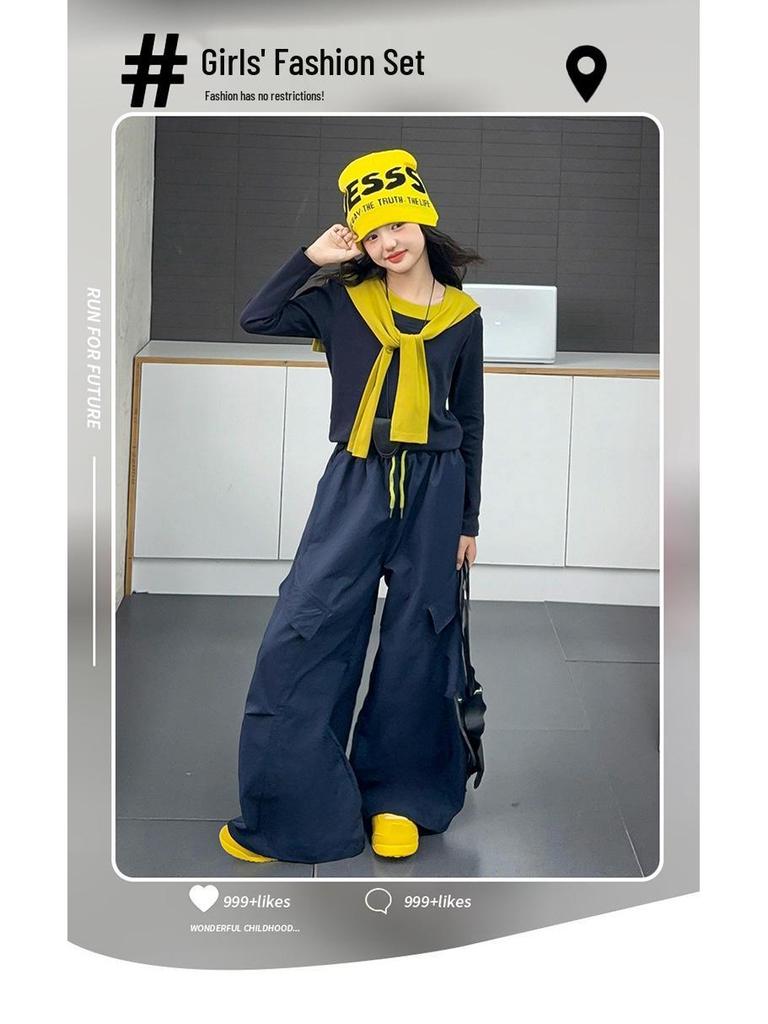 Modisches Herbst-Zweiteiler-Set für Mädchen: Langarmshirt & Hose mit weitem Bein 2025