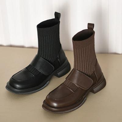 Mode Herbst Damen Stiefeletten Mode Weiches Leder Damen Elegant Niedriger Absatz Kurze Stiefel Frau Komfort Slip-on Gestrickte Stiefeletten 2024