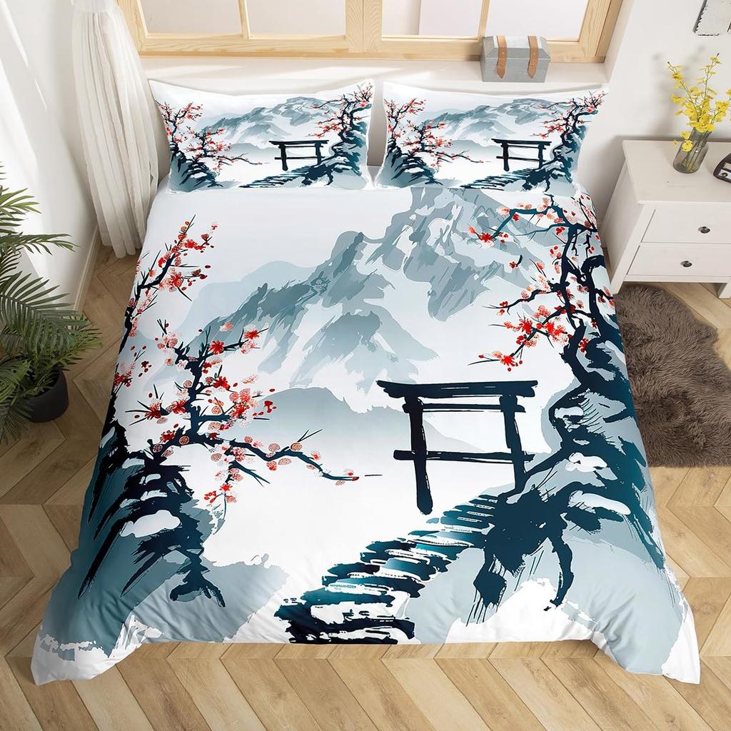 Cherry Blossoms Duvet Cover King for Women Ink Painting Black White Comforter Cover Romantic Theme Bedding Set with 2 Pillowcase