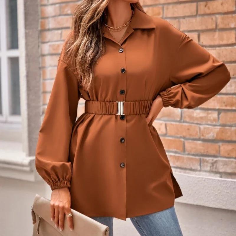 

Модная офисная женская блузка, осенне-зимняя женская одежда, повседневная однотонная однобортная рубашка с отложным воротником, Blusas 30327 L коричневый