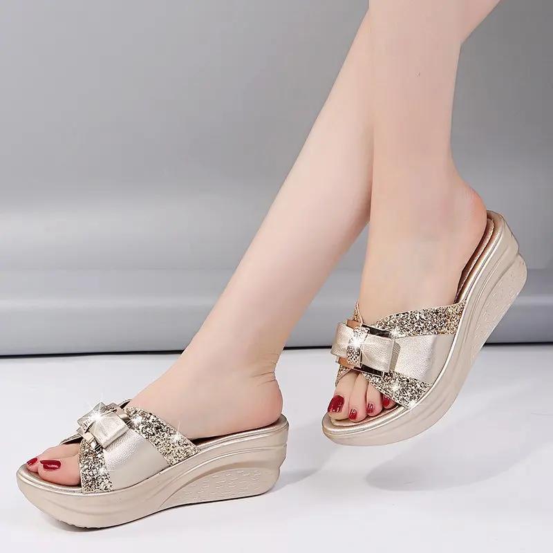 Fashion Fashion Women Slippers Platform Wedge Sandals Comfort Heel Shiny Bow Slippers Summer Peep Toe Outdoor Beach Shoes Slides Women