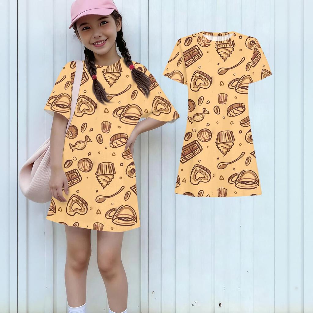 Girls Print Casual Dress Kids Loose Round Neck Short Sleeve Thin Sundress