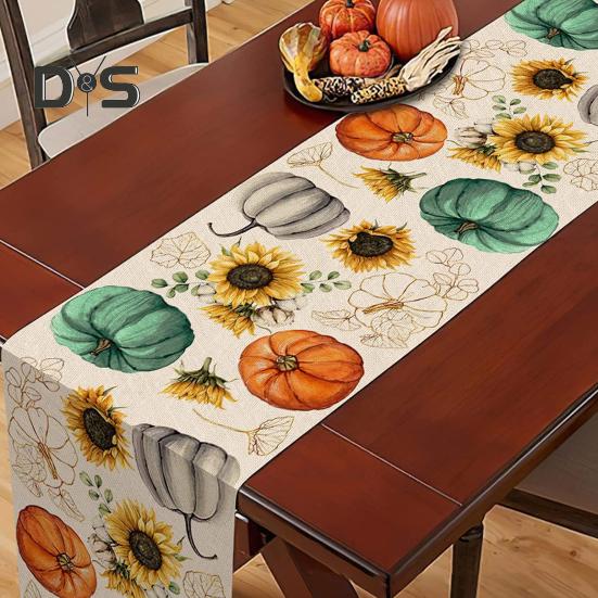 Thanksgiving Party Table Runner Pumpkin Sunflower Print Stain-Proof Reusable Table Protection Decoration Hotel Prom Banquet Table Runner