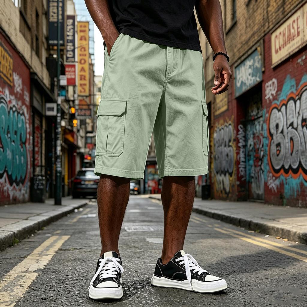 Men Drawstring Waist Relaxed Fit Cargo Shorts Multiple Pocket Casual Knee Length Shorts for Outdoor and Daily Wear