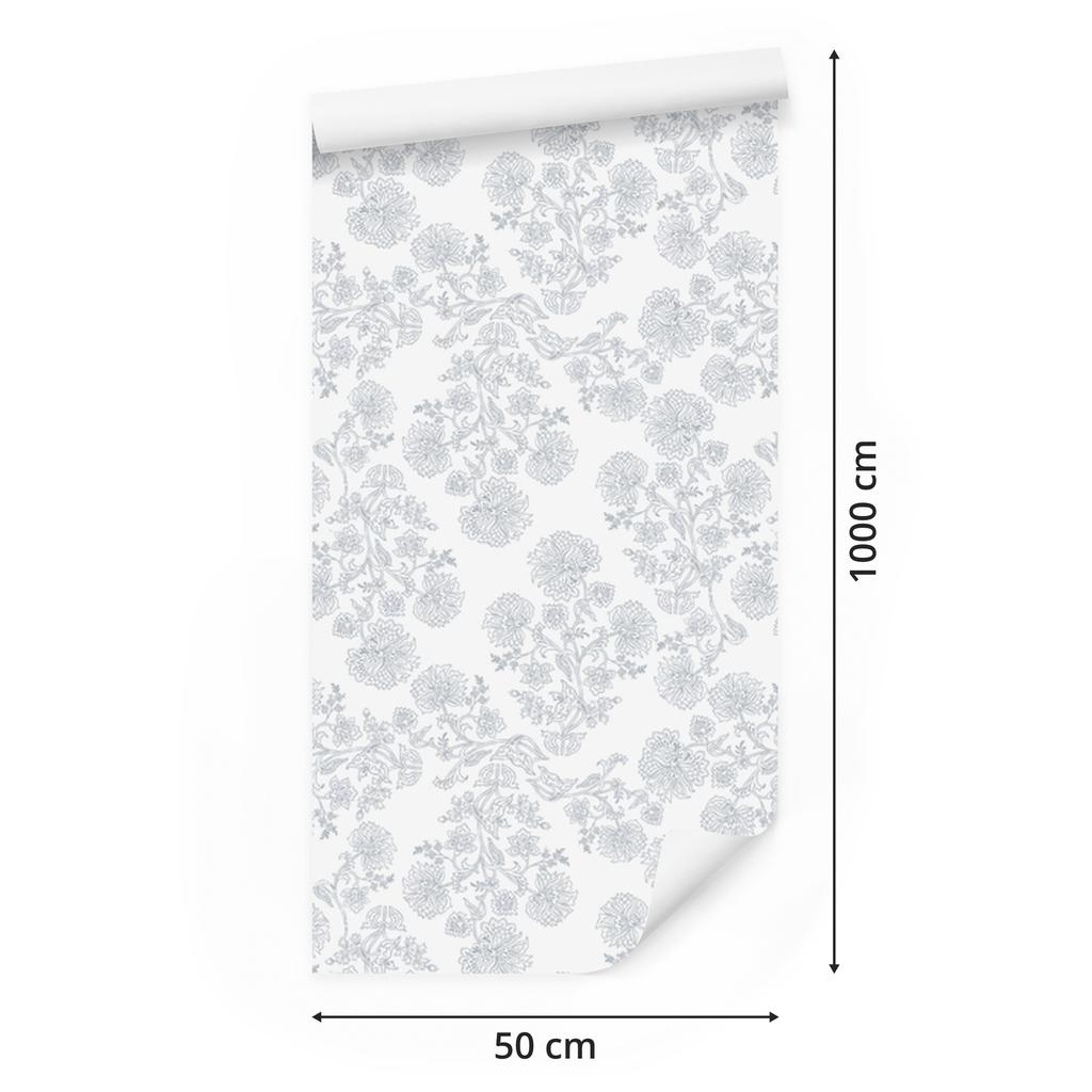 Wallpaper Flowers white and light gray, subtle detail 50x1000