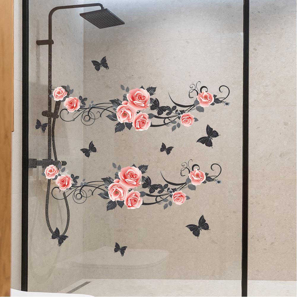 Bathroom Wall Decals Sticker, Rose Butterfly Flower Wall Stickers, Waterproof Rose Butterfly Vine Glass Stickers For Bedroom Restroom DIY Decoration