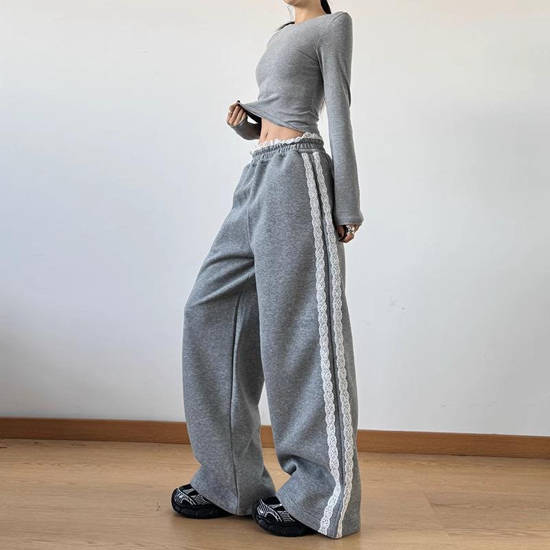 2025 Women's High Waist Lace Trim Wide Leg Casual Pants - Early Autumn