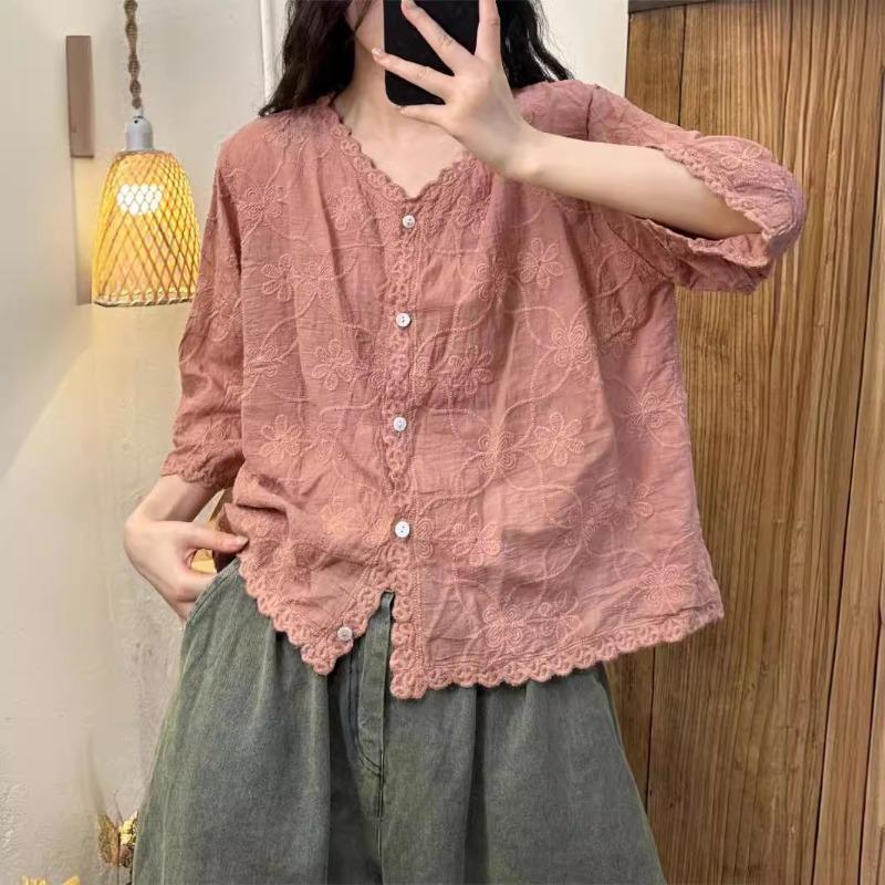 Damen Baumwollhemden Sommer Mori Girl Stil Stickerei Locker V-Ausschnitt Kragen Einreihig Oberteile Wild