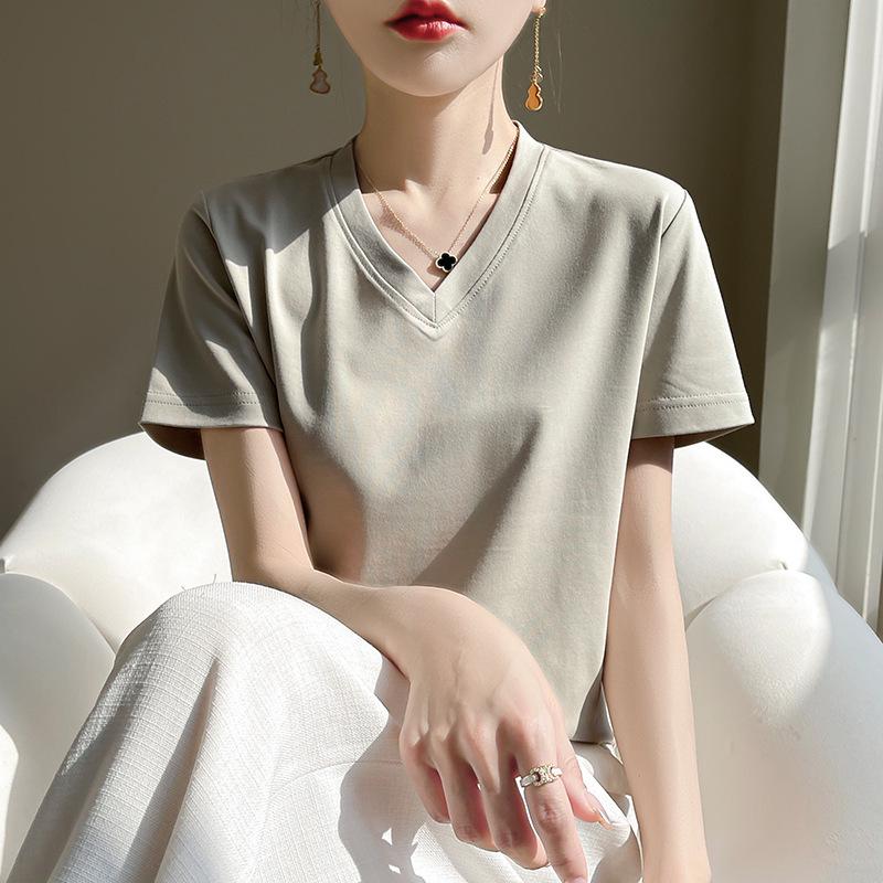 High-Quality Women's V-Neck Short-Sleeve Mercerized Cotton T-Shirt: Non-See-Through, Casual, Sweat-Absorbent, Breathable, Versatile Fit.