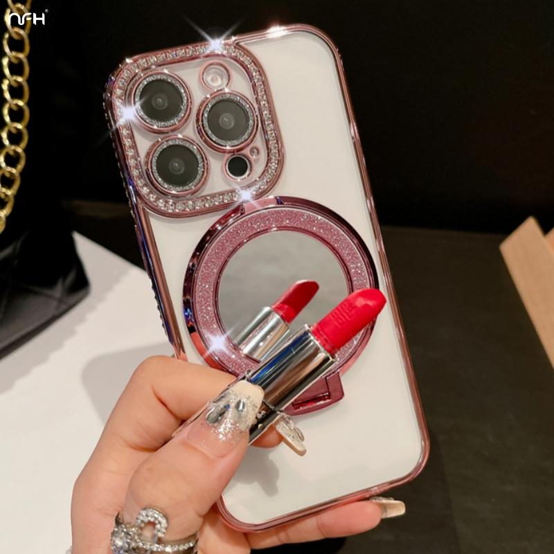 For iPhone 16 Pro Max Luxury Glitter Holder Stand Plating Frame Phone Case For iPhone 11 12 13 14 15 16 Plus Flash Diamond Cover