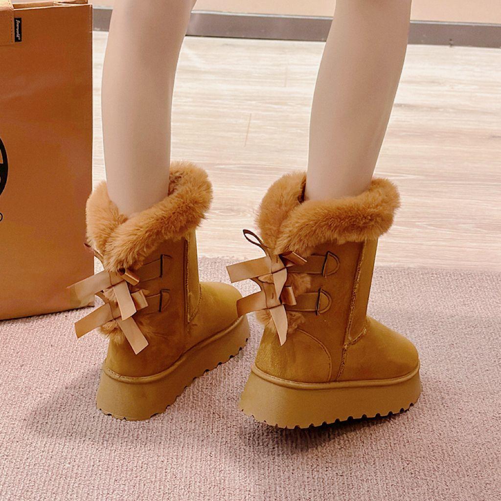 Fashion Bow Round Toe Half High Snow Boots for Women Winter Plush Warm Chunky Woman Shoes 2025 Novelty Designer Luxury Fashion Footwear