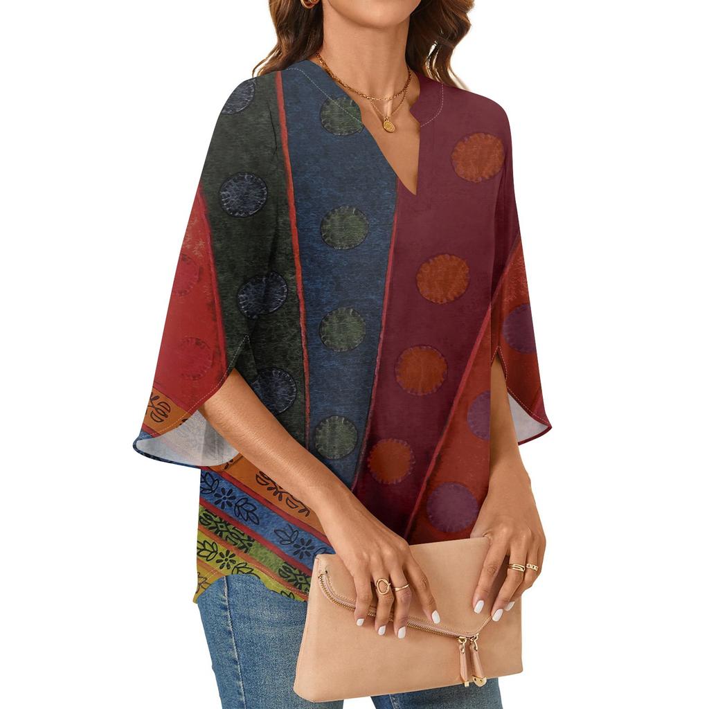 Womens Tops 3/4 Tiered Bell Sleeve V Neck Geometry Printed  Blouses Work Tunic Shirts