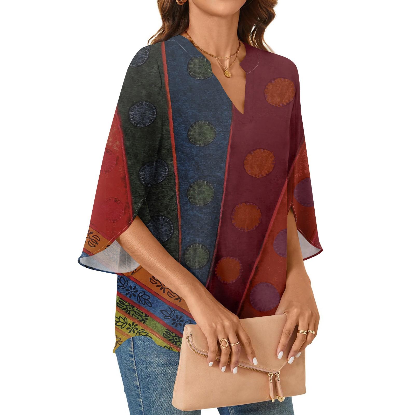 

Женские топы 3/4 ярусный рукав колокольчик V-образный вырез геометрический принт блузки рабочие туники рубашки L