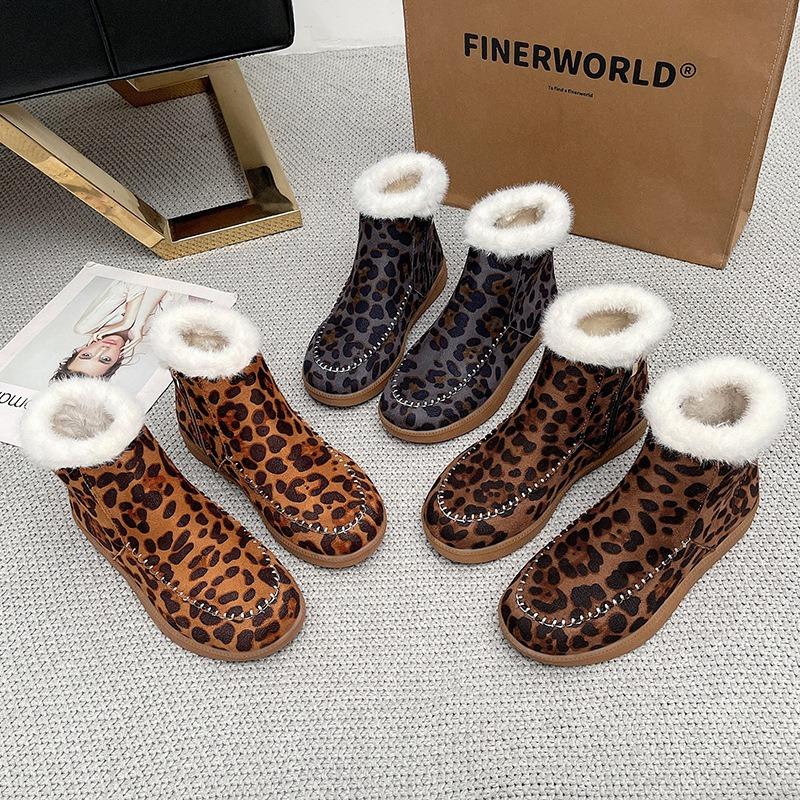 Mao Mao Schneestiefel Damen Übergröße Winter Neu Vielseitig Leopardenmuster Dicke Sohle Aufgeplüschte Verdickte Warme Baumwollstiefel