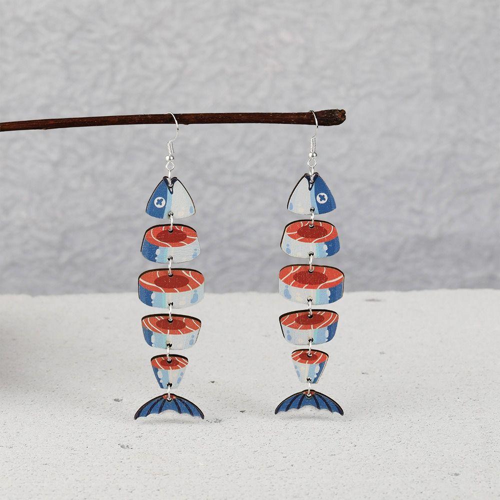 5Pairs Hook Piercing Fish Drop Earrings Acrylic Wood Beach Drop Earrings Salmon Fish Earrings  Women