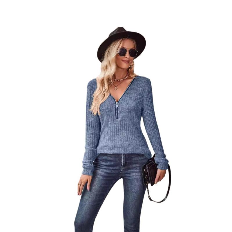 Pullovers Solid Color Pit Strip Abraded Casual V-neck Splicing Zipper Long-sleeved Bottoming Shirt