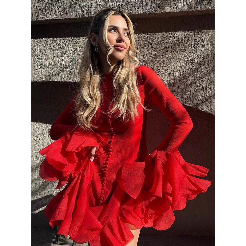 French style Gentle Sophisticated Style Dress Niche Design Breasted Flower Bud Skirt Long sleeve Frill More Buckle Short dress Women