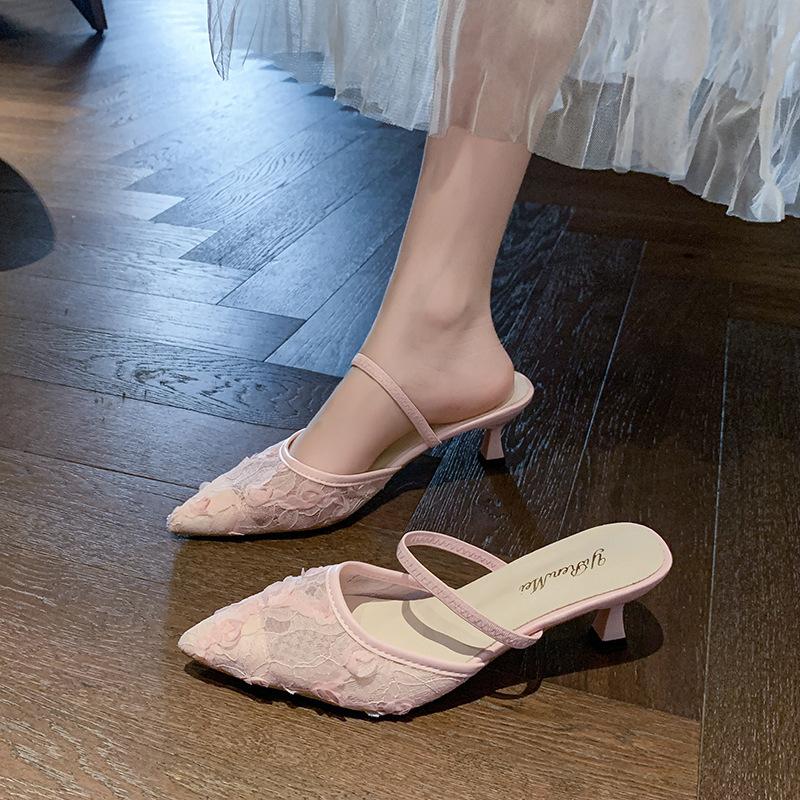 Pointed thin heel bag head sandals women wear summer new shallow mouth one pedal slippers