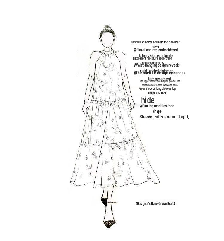 French-Style Summer Chiffon Halter Neck Dress with Embroidered A-Line Skirt