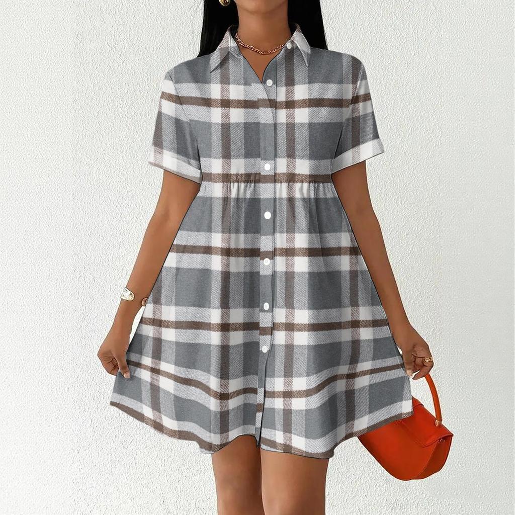 Women Casual Loose Fit Shirt Dress Button Front Short Sleeve Collared Dress Lightweight Plaid Pattern Summer Dress
