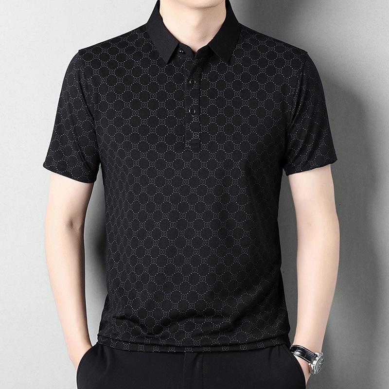 Summer Thin Ice Silk Men Polo Shirt Middle Age Loose Collar Solid Color Casual Short Sleeve T Shirt