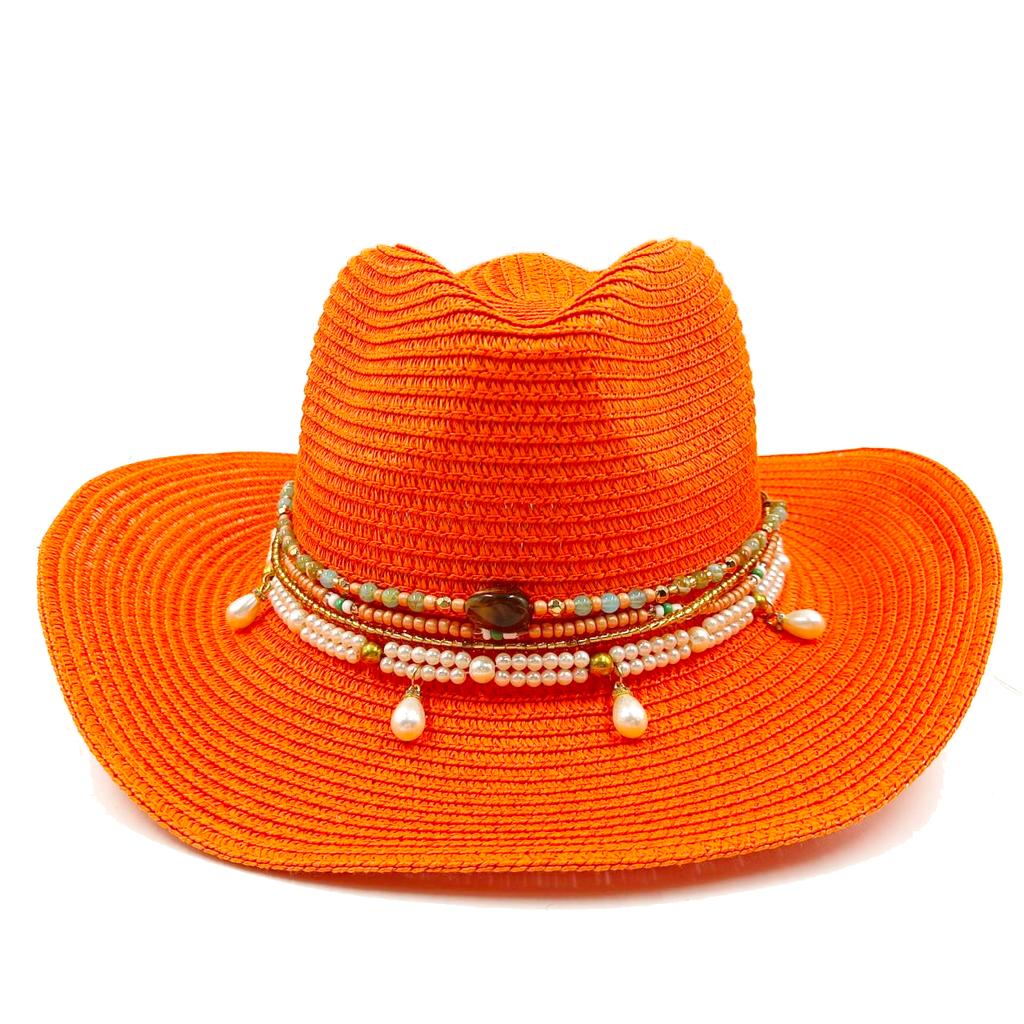 Red Cowboy Straw Hat Men's and Women's Cowboy Straw Hat Monochrome Curled Eaves Outdoor Beach Rider Hat Cowboy Hat