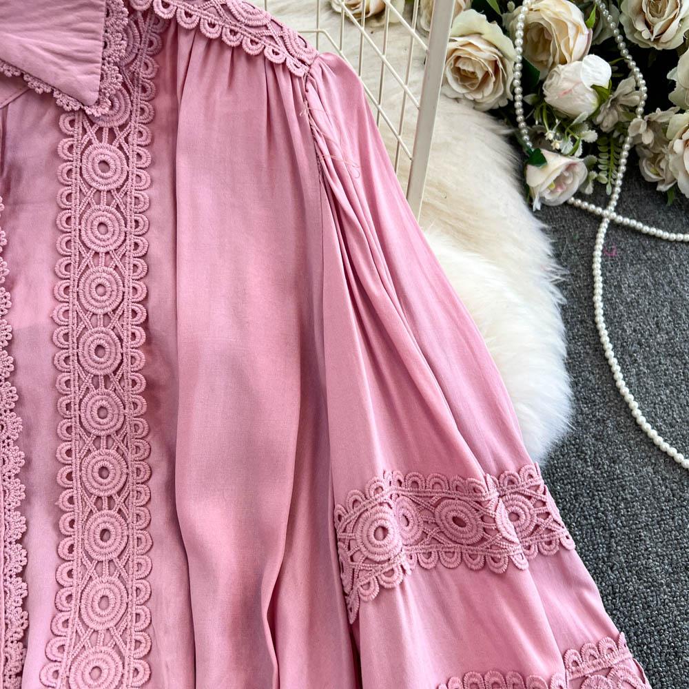 Lace Panel Long Sve Irt And High Waist Flared Skirt Set Women's Faion Ensemble Hollow Out Design Slimming Women Suit 2 Pieces Set