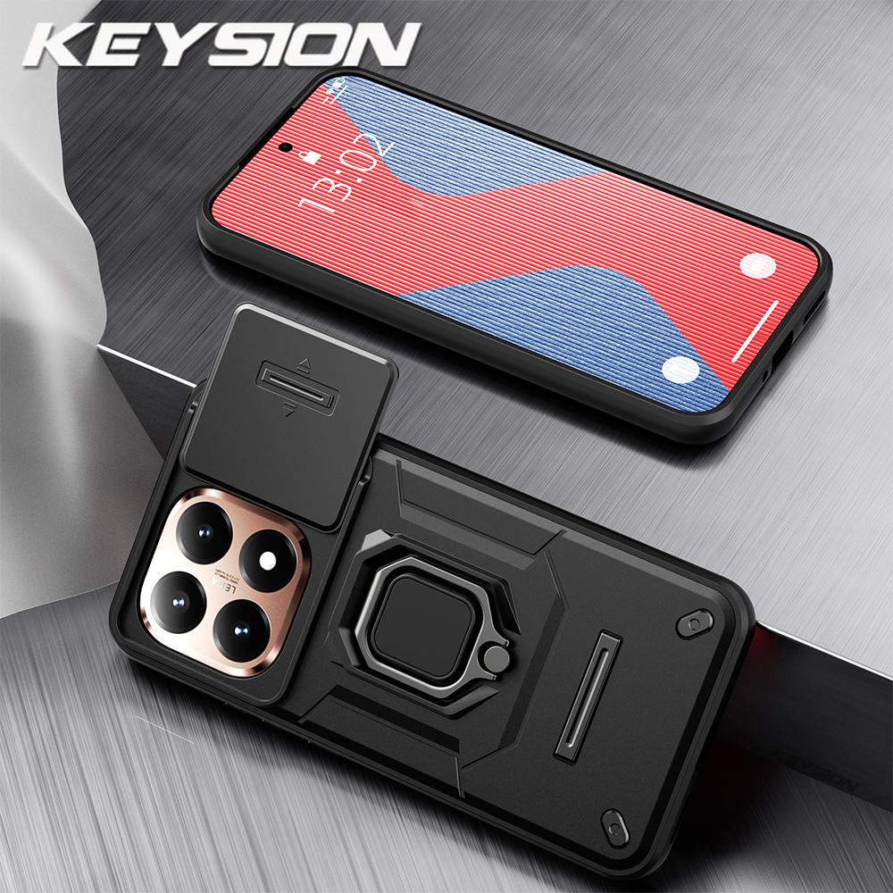 KEYSION Shockproof Armor Case for Xiaomi 15T Pro 5G Slide Camera Protection Metal Ring Stand Phone Back Cover for Xiaomi 15T 5G