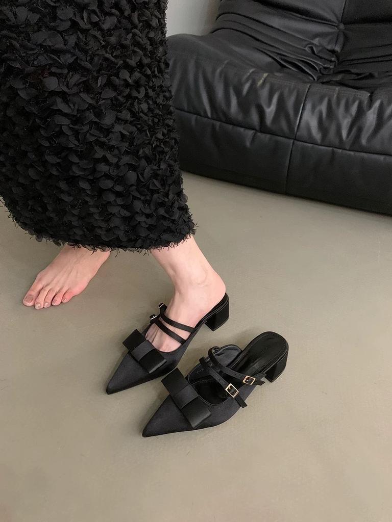 French Bow Bag Head Half Slippers 2025 Summer New Skirt Women Wear Thick Pointed Satin Rare Cool Slippers