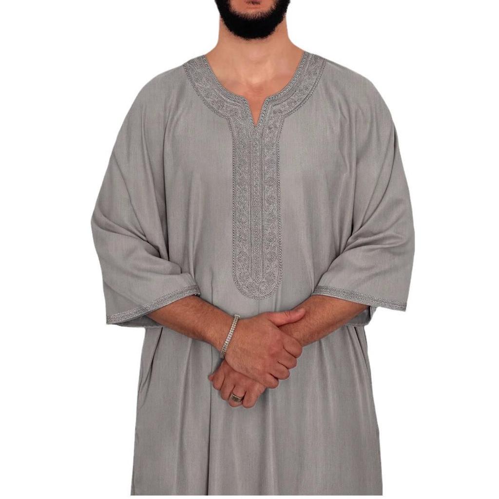 2025 Men's Middle Eastern Embroidered Mid-Sleeve Moroccan Robe