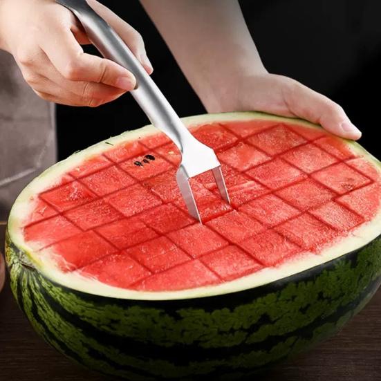 Watermelon Slicer Stainless Steel Fruit Watermelon Fork Slicer Cutter Dual Head Tool for Cubes Melon Pineapple