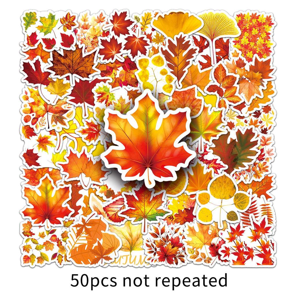 50pcs Autumn Yellow Tree Leaves Waterproof Decorative Stickers for Computer and Luggage