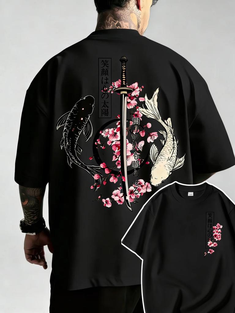 Trendy Casual Japanese Yinyang Koi Fish and Samurai Sword Pattern Cotton Unisexs Tshirt Shortsleeved Tshirt Casual Loose Unise