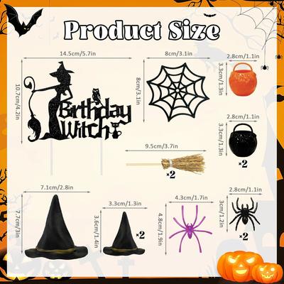 13 Stück Hexen-Kuchenaufsatz Halloween Hexen-Themen Cupcake-Aufsätze Hut Besen Spinnennetz Glitzer Happy Birthday Deko für Gruselparty