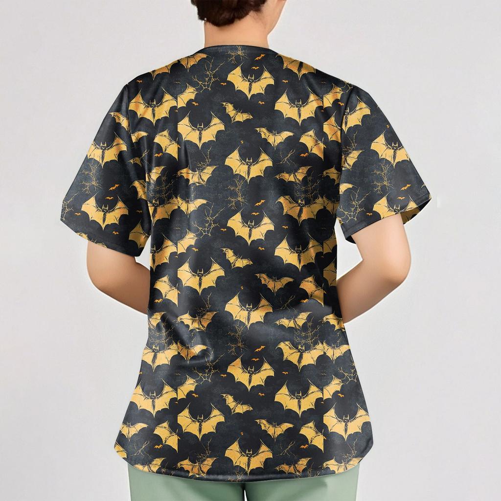 Women's Halloween Printed Loose V-Neck Pocket Short SleevUniform Uniform