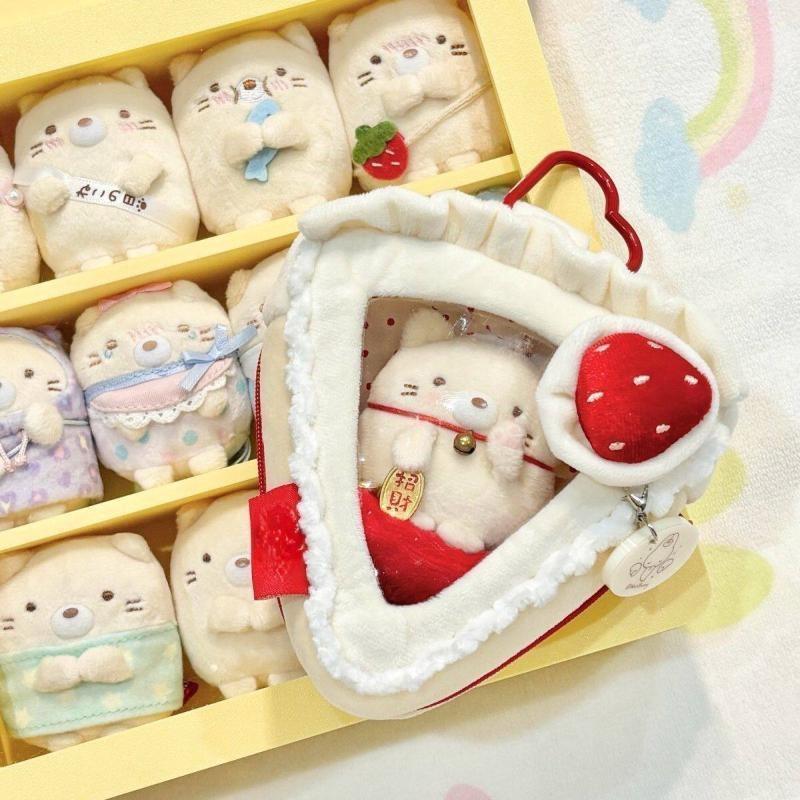 1Pcs Cute Storage Pouch Strawberry Cake Baby Bun Display Bag With Clear Window & Heart Keychain Charm For Anime Kpop Merch Decor