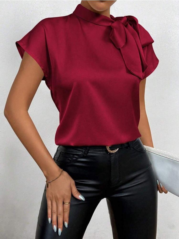 Women Summer Minimalist Shirt Elegant Women's Satin Pink Short Sleeved Lace-up Bow Neck Casual Fitting Office Shirt