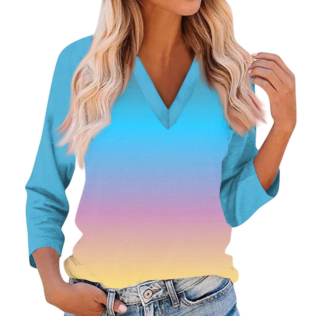 Women's Casual And Fashionable Patchwork V-Neck Top With Seven Quarter Sleeves Top