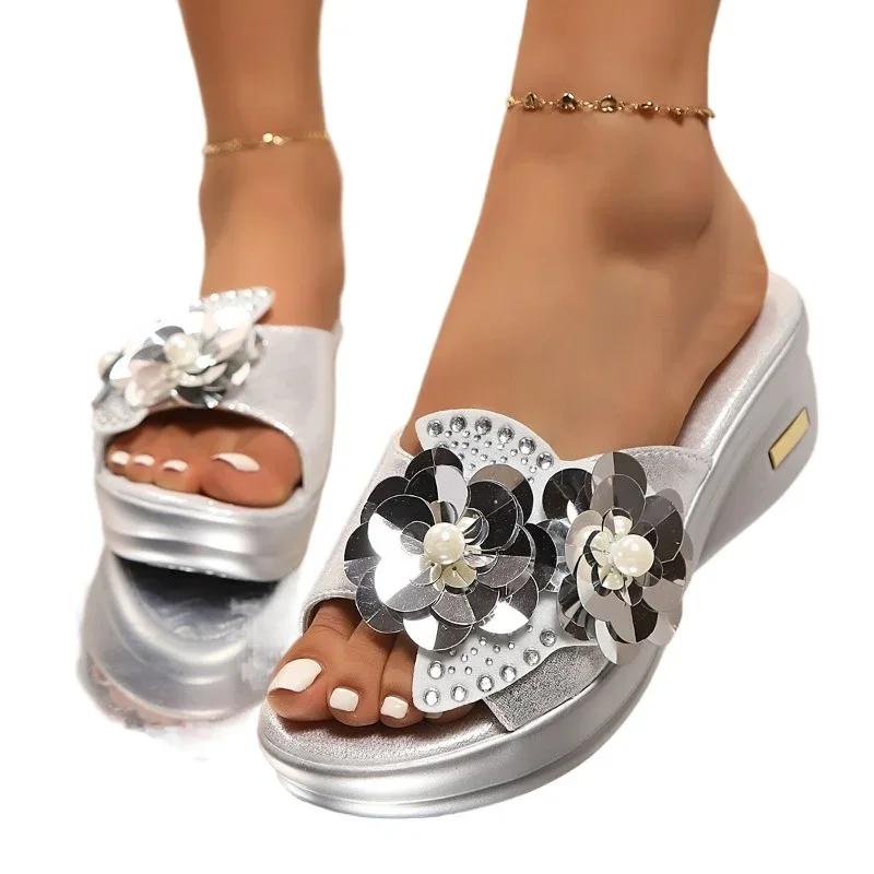 Fashion New Plus Size Women's Peep-Toe Wedge Sandals Glitter Rhinestone Flower Embellished Slip-On Slippers 2025 Summer Casual Shoes