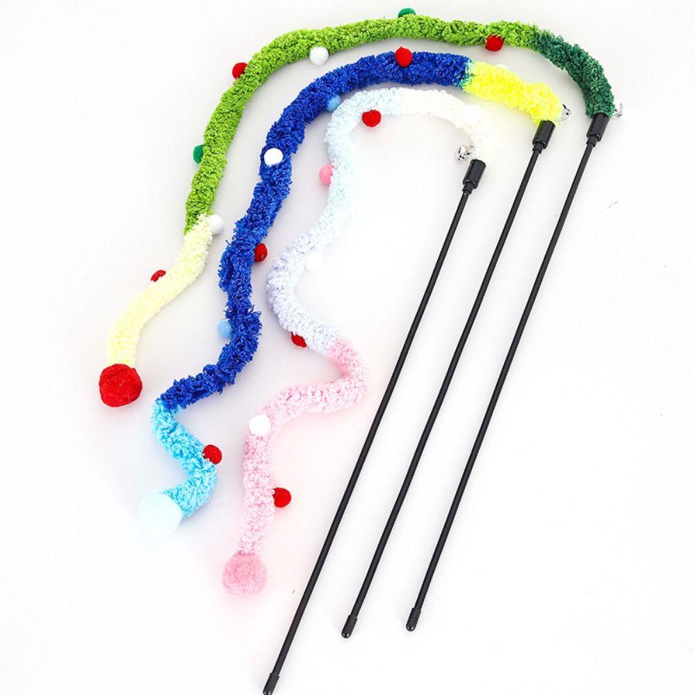 Soft Cat Plush Teaser Rod Interactive Cat Play Toy Colorful Plush Cat Teaser Stick  for Kitten