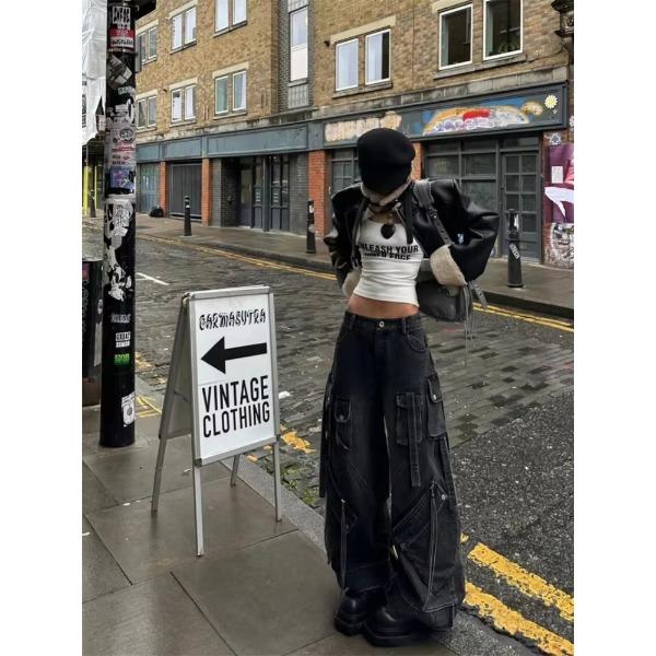 Dámské černé gotické volné cargo džíny Harajuku Oversize džínové kalhoty Y2K 90S Vintage Emo kalhoty Trashy oblečení