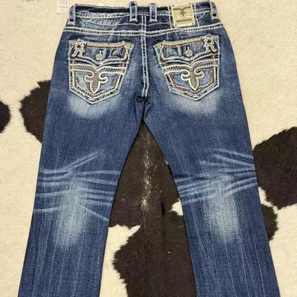FlowStreet Y2K New Revival Mens Jeans Foliage Bootcut Women Gothic Blue Denim Embroidery Pocket Hip Hop Harajuku Wide Pants Street Wear