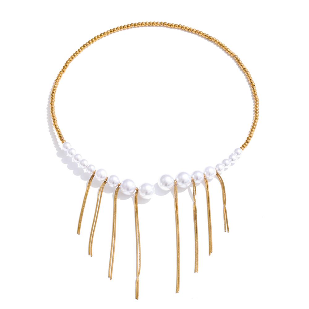 

Yhpup Fashion Simulated Pearls Beads Handmade Chain Tassel Drop Collar Necklace Waterproof Stainless Steel Gold Color Jewelry