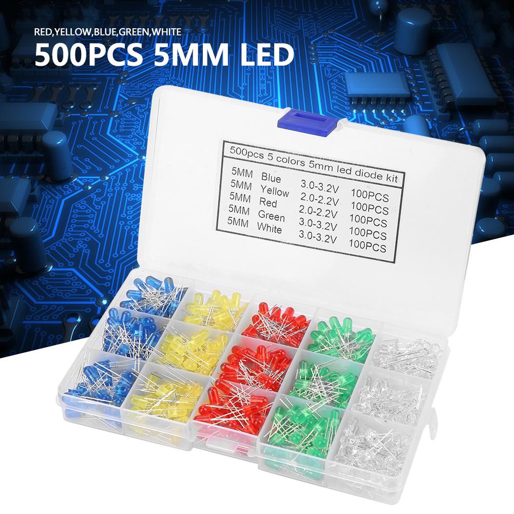 Led Diode, 500pcs 5mm Led Light Led Diode Lights Electronic Lights With Red Yellow Blue Green White Assortment Diodes Kit for Electronics