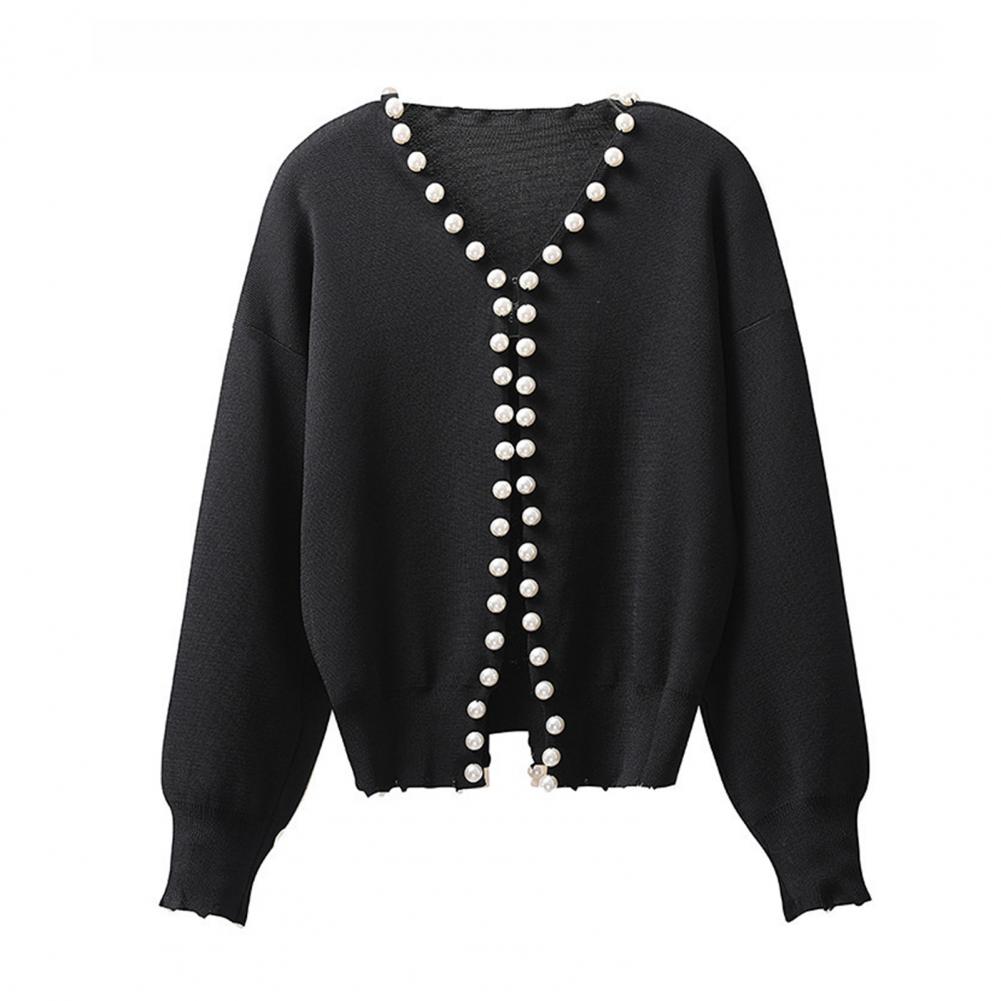 

Вязаный кардиган с открытым передом, круглым воротником, длинными рукавами, свитером, пальто с отделкой из искусственного жемчуга, однотонная теплая верхняя одежда One Size чёрный